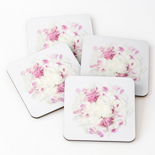 Item preview, Minimalistic bright flower composition. White and pink peony flowers and petals scattered on white background, top view flat lay. designed and sold by dariazu.