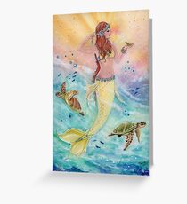 Sunshine sea mermaid with sea turtles by Renee Lavoie Greeting Card