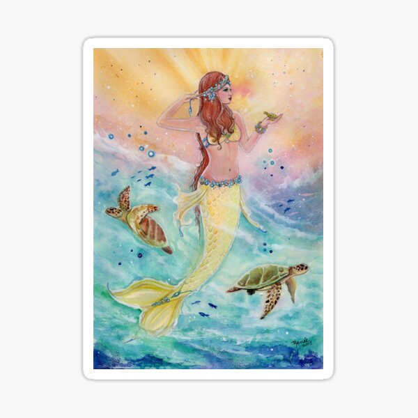 Sunshine sea mermaid with sea turtles by Renee Lavoie Sticker