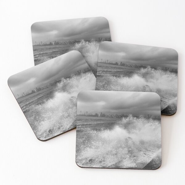 Item preview, Mumbai skyline in rainy season with huge waves hitting shore in black and white designed and sold by CameraDesign.