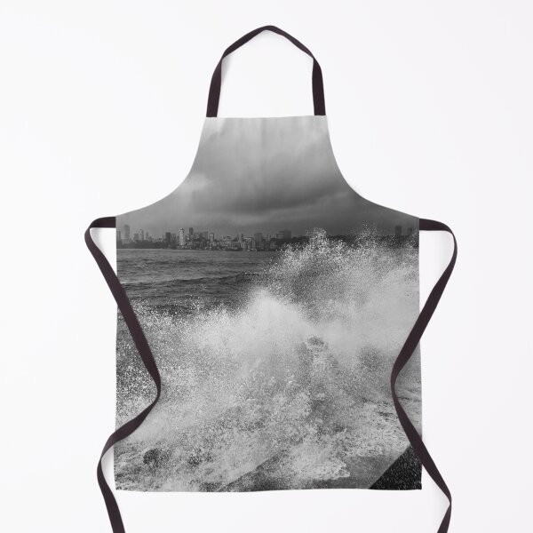Item preview, Mumbai skyline in rainy season with huge waves hitting shore in black and white designed and sold by CameraDesign.