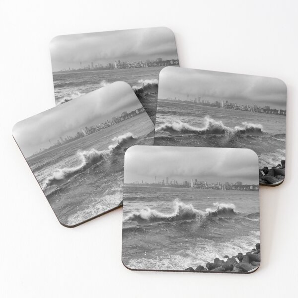 Item preview, Mumbai skyline in rainy season with huge waves in the Arabian sea in black and white  designed and sold by CameraDesign.