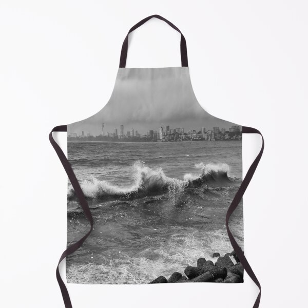 Item preview, Mumbai skyline in rainy season with huge waves in the Arabian sea in black and white designed and sold by CameraDesign.