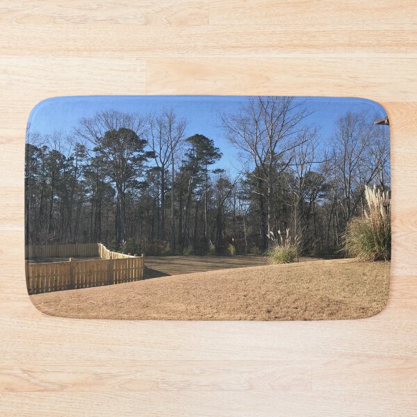 Item preview, Backyard Beautiful Clear Blue Sky Tall Woodland Trees Sunburnt Earthy Brown Grass Landscape Shrub Plants designed and sold by NadeenInspires.
