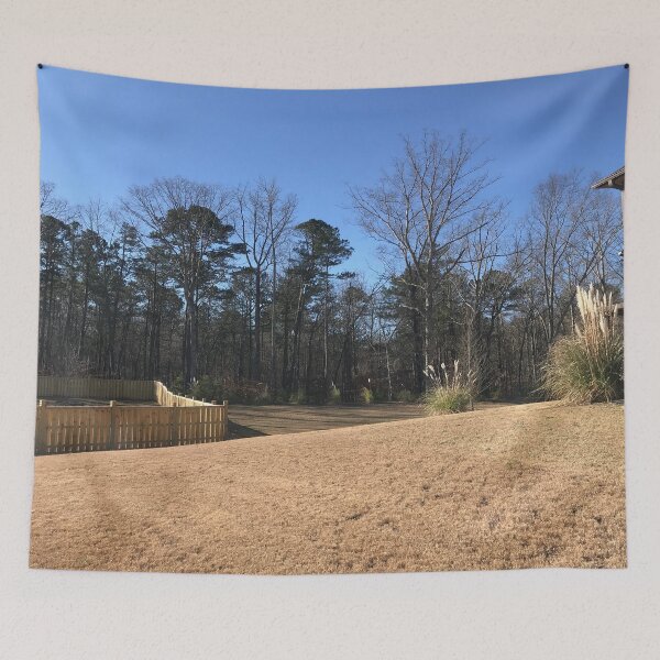 Item preview, Backyard Beautiful Clear Blue Sky Tall Woodland Trees Sunburnt Earthy Brown Grass Landscape Shrub Plants designed and sold by NadeenInspires.