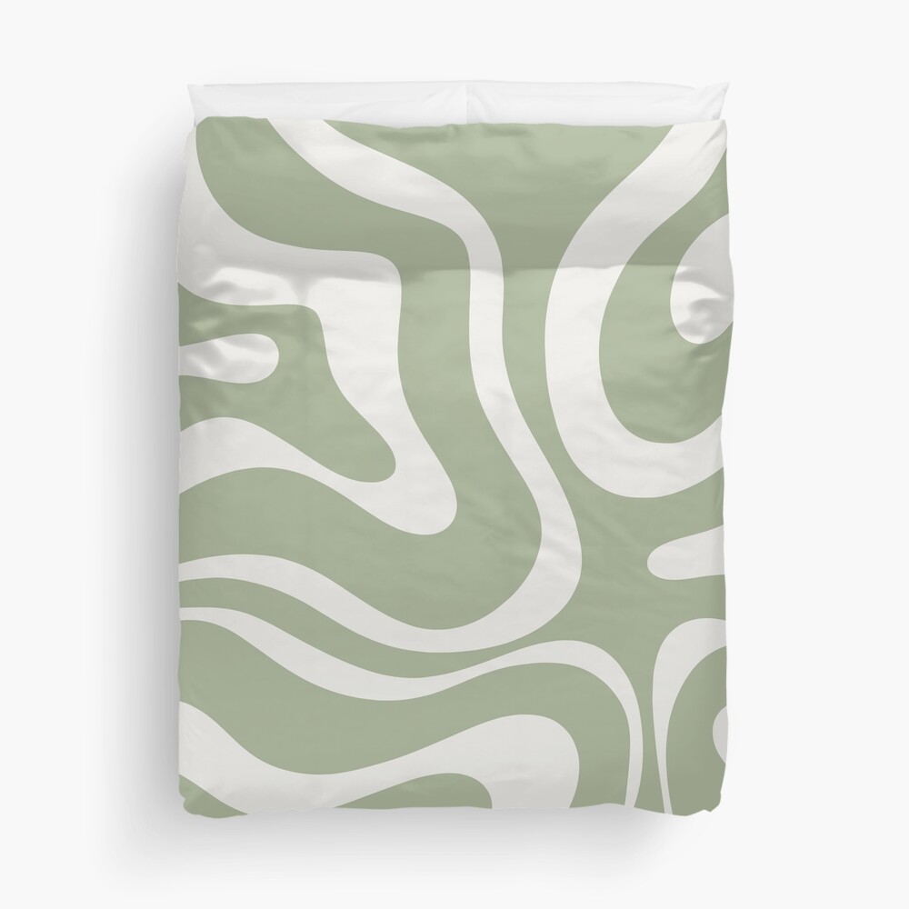 Liquid Swirl Abstract Pattern in Sage Green and Nearly White Duvet Cover