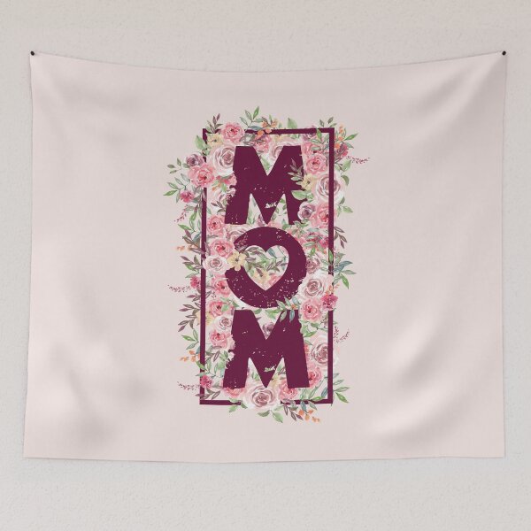 Item preview, 'Mom' on luscious floral background with pink roses and leaves designed and sold by Happy Puppy Print On Demand.