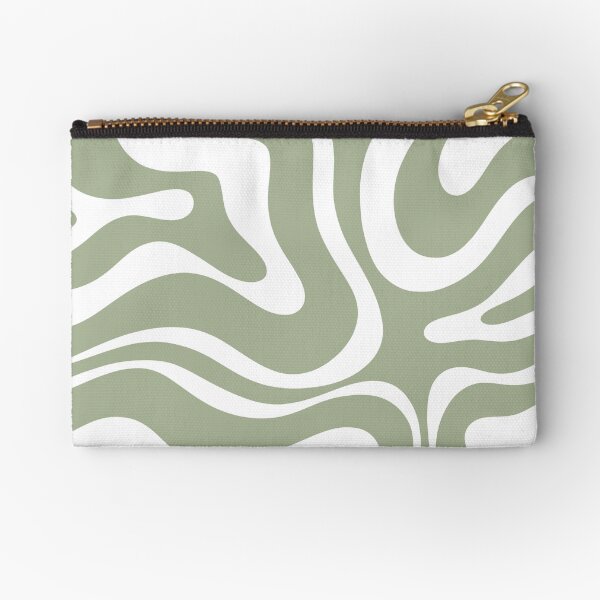 Liquid Swirl Abstract Pattern in Sage Green and White Zipper Pouch