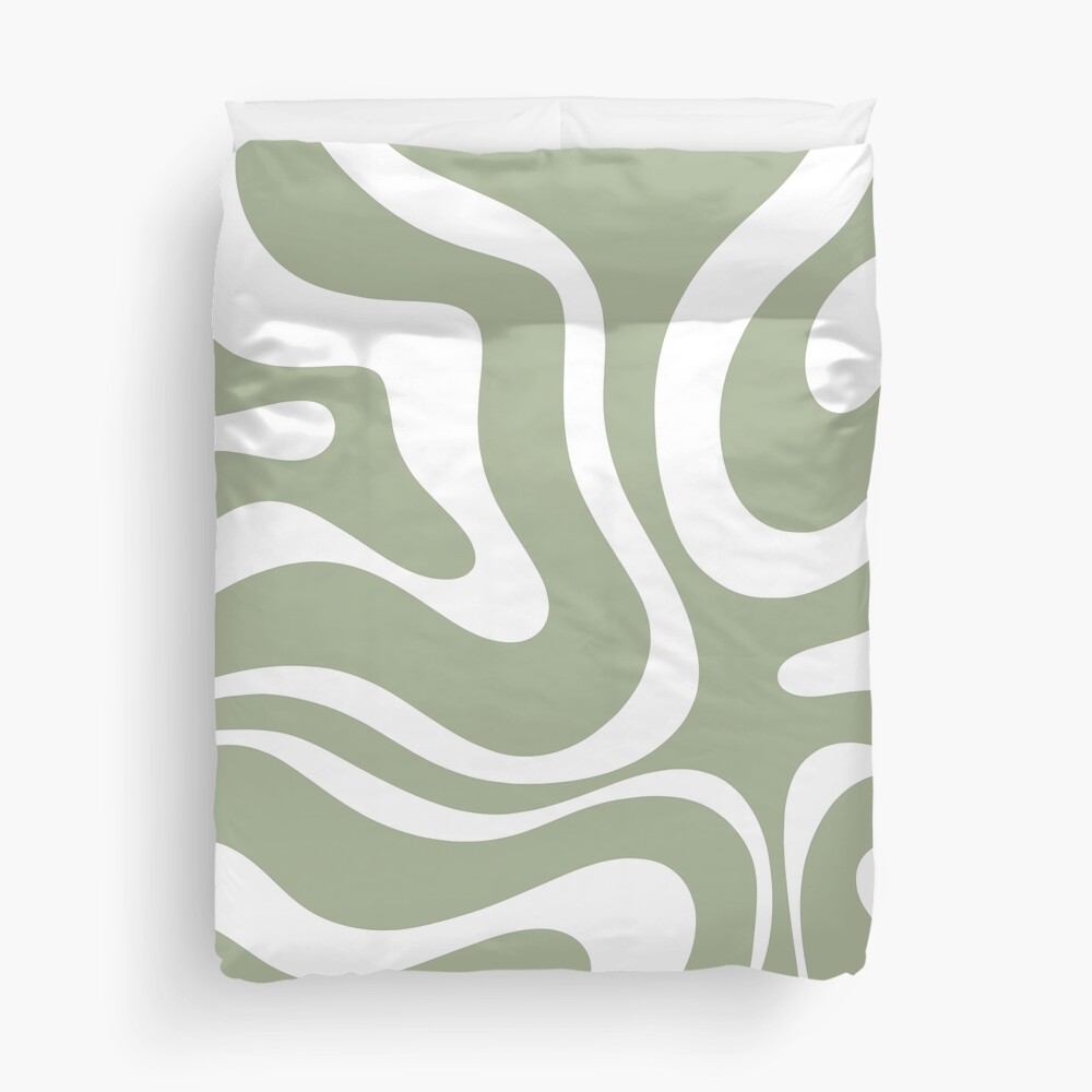 Liquid Swirl Abstract Pattern in Sage Green and White Duvet Cover