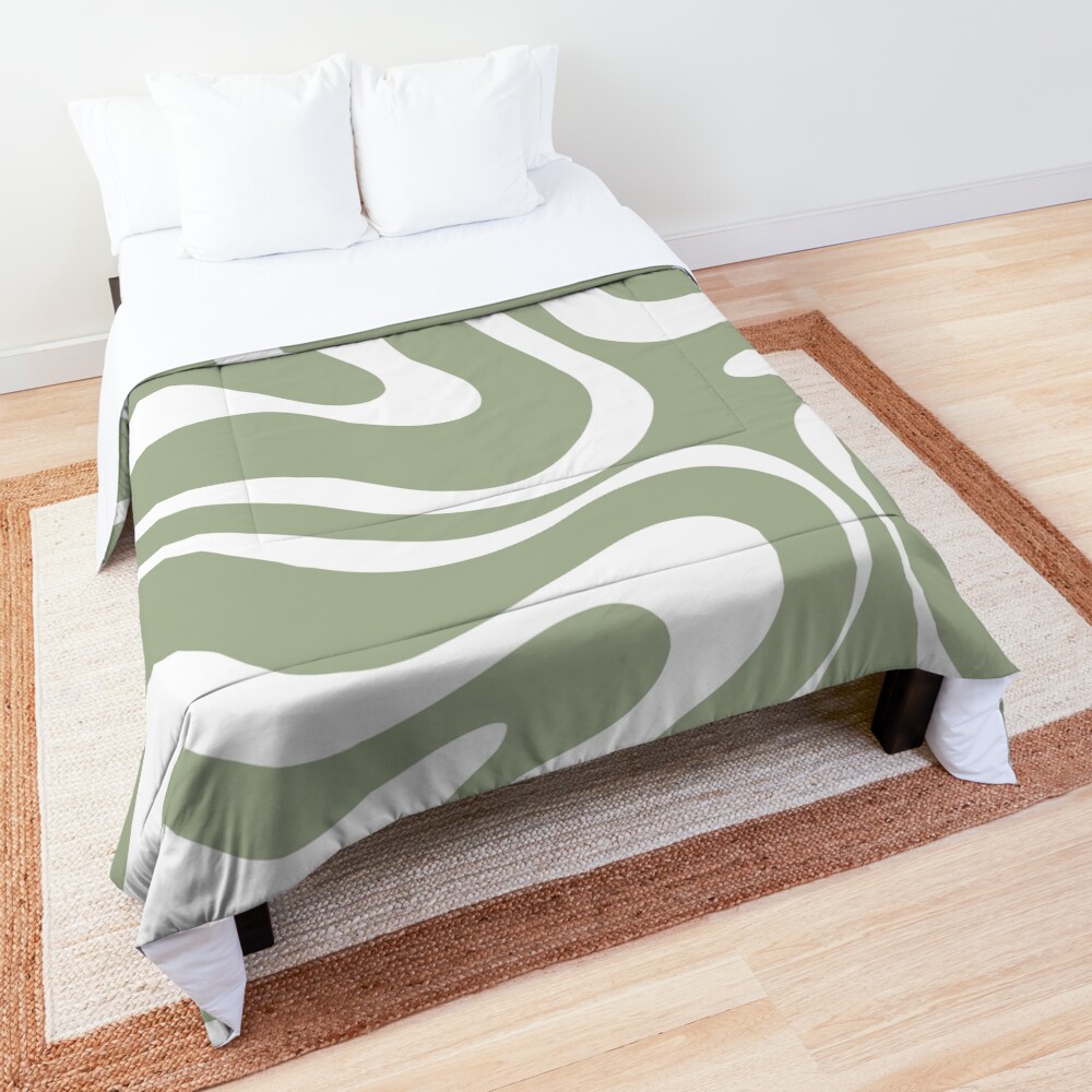 Liquid Swirl Abstract Pattern in Sage Green and White Comforter