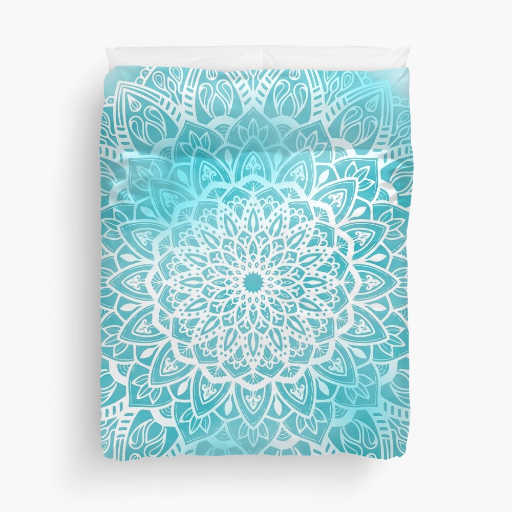 Blue Sky Mandala in Turquoise Blue and White Duvet Cover