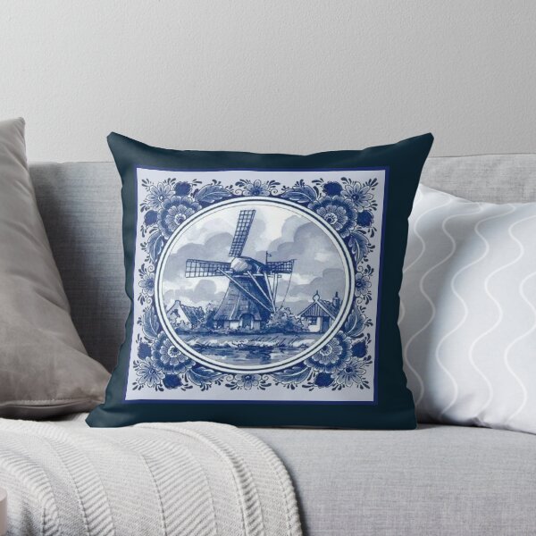 DUTCH BLUE DELFT : Vintage Windmills and Trees in Amsterdam Print Throw Pillow