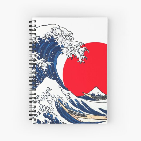 The Great Wave Off Kanagawa, Red Sun Spiral Notebook for Sale by