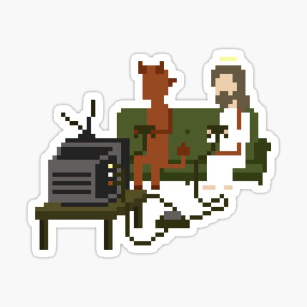 Aperçu de l'œuvre Jésus et le diable jouant à des jeux vidéo Pixel Art créée et vendue par obinsun.