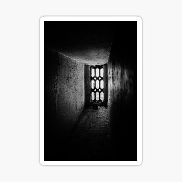 Black and white photo of an old window in London with a Thames river view Sticker