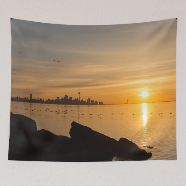 Item preview, Brilliant Sunrise with Birds - Toronto Skyline with Free Flying Cormorants designed and sold by Georgia Mizuleva.