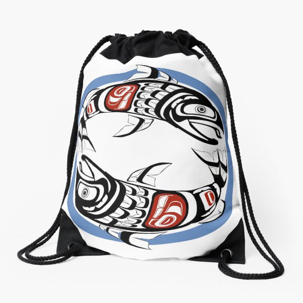Aperçu de l'œuvre Saumon double du Pacifique Nord-Ouest Coho Yin-Yang Salish côtier poisson amérindien forme de cercle créée et vendue par cascadiadesigns.