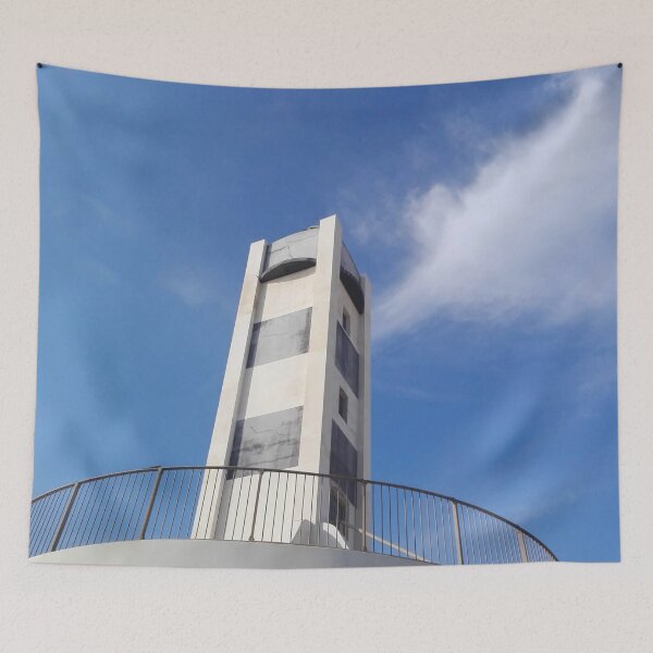 Item preview, Gray and white tower and blue sky with clouds in Tel Aviv designed and sold by elenah0707.