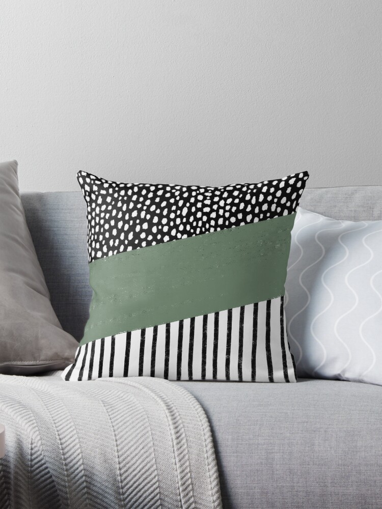 Polka Dots and Stripes Pattern black white sage green Pillow for Sale by designminds Redbubble