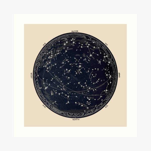Antique Map of the Night Sky, 19th century astronomy Art Print