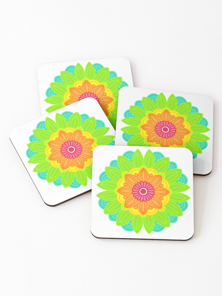Thumbnail 1 of 5, Coasters (Set of 4), Neon mandala designed and sold by RMSdesigns.