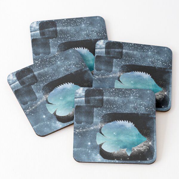 Item preview, Mixed media of tropical fish and star collage in cool shades of midnight blue designed and sold by SilverSpiral.