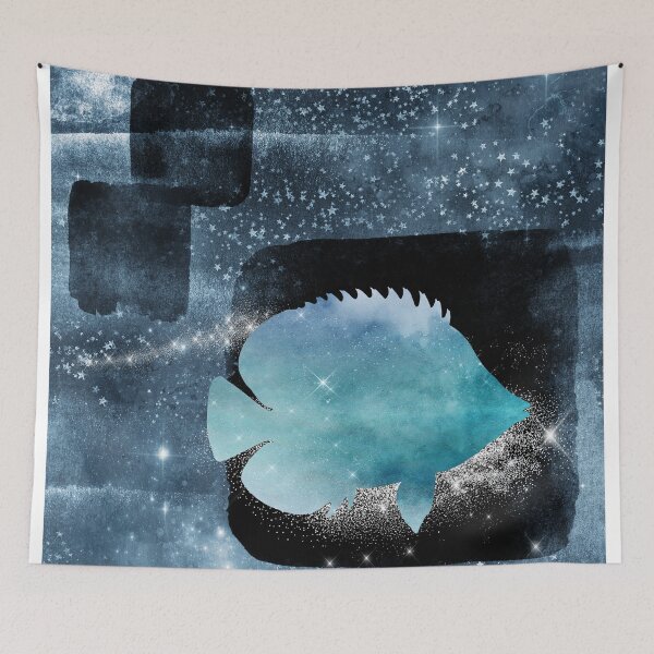 Item preview, Mixed media of tropical fish and star collage in cool shades of midnight blue designed and sold by SilverSpiral.