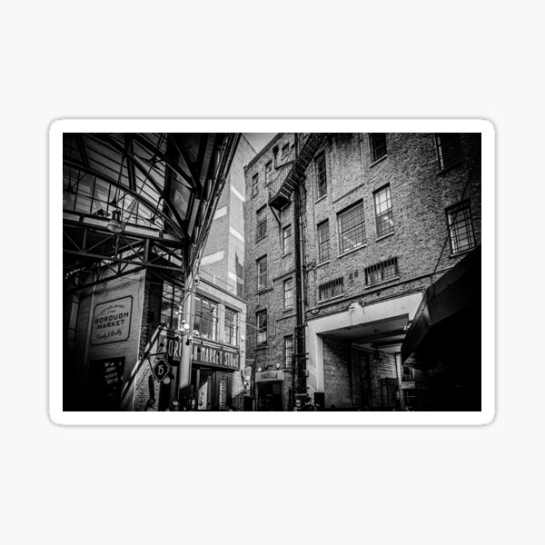 The industrial vintage Borough Market in London, Black and White Photo Sticker