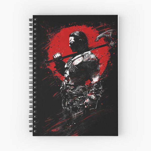 Item preview, A sinister, muscular Scandinavian warrior with an axe stands proudly in profile, his back straight, against the background of the bloody sun. 2D illustration designed and sold by WarmTail.