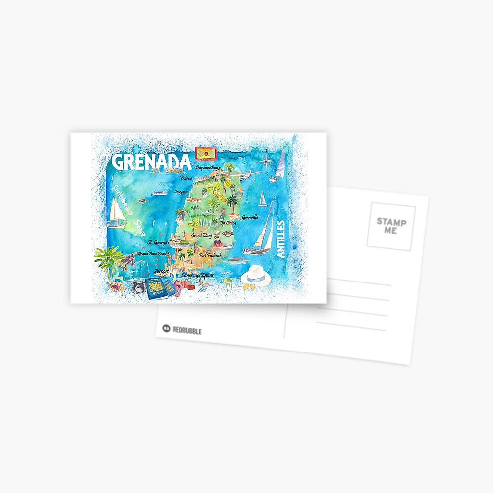 Grenada Antilles Illustrated Caribbean Travel Map with Highlights of West  Indies Island Dream | Postcard