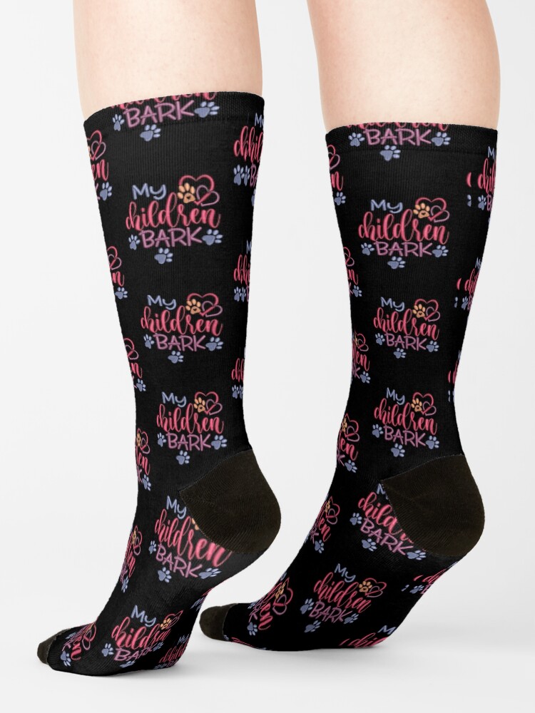 Thumbnail 4 of 5, Socks, My Children Bark Design with Blue Trailing Paw Prints designed and sold by Treasurekey.