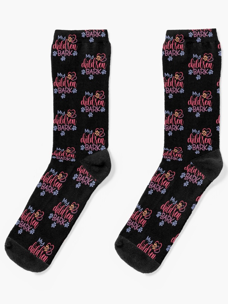 Thumbnail 1 of 5, Socks, My Children Bark Design with Blue Trailing Paw Prints designed and sold by Treasurekey.