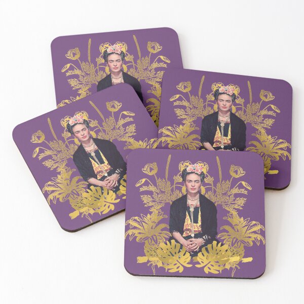 Item preview, Frida Kahlo portrait color, golden flowers, purple background designed and sold by Adriana C (All about Frida).