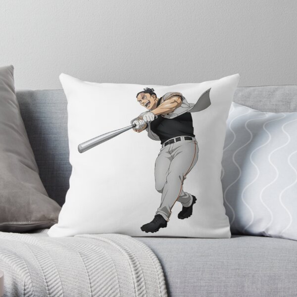 Baseball Player on Giant Baseball Throw Pillow