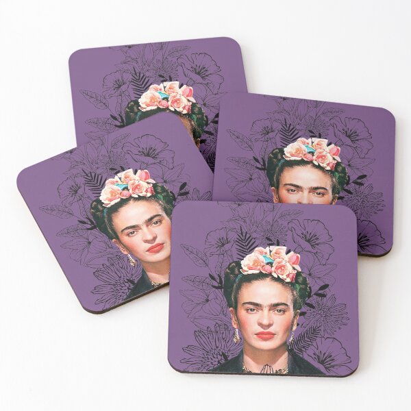 Item preview, Frida Kahlo portrait color, black and white flowers, purple background designed and sold by Adriana C (All about Frida).
