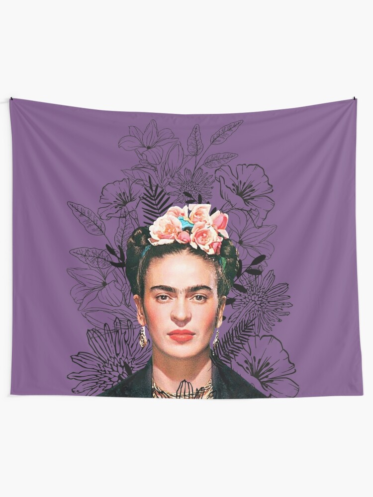 Tela decorativa «Retrato Frida Kahlo color, flores blanco y negro, fondo  morado» de RebecaCuellar | Redbubble