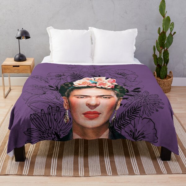 Item preview, Frida Kahlo portrait color, black and white flowers, purple background designed and sold by Adriana C (All about Frida).