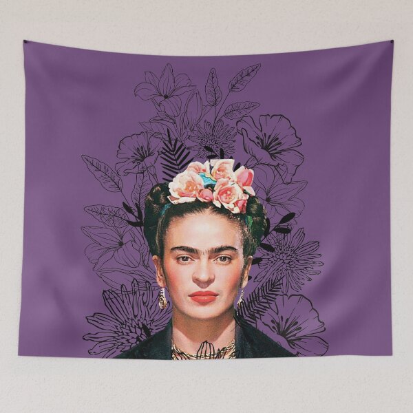 Item preview, Frida Kahlo portrait color, black and white flowers, purple background designed and sold by Adriana C (All about Frida).