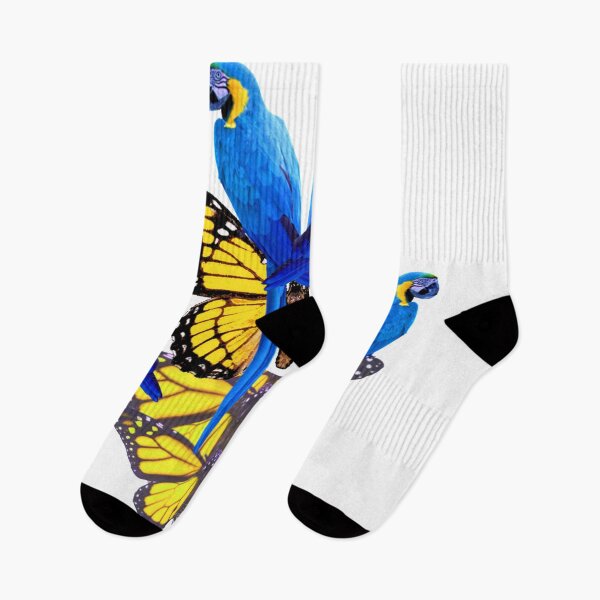 Item preview, BLUE HYACINTH PARROTS ON YELLOW BUTTERFLY ART designed and sold by sharlesart.