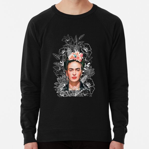 Frida Kahlo portrait color, white flowers, black background Lightweight Sweatshirt