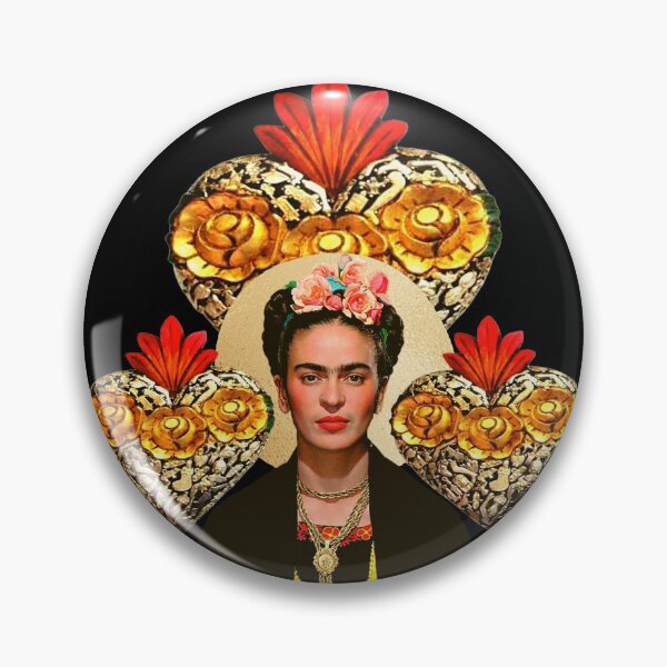 Item preview, Frida Kahlo portrait color, flowers and sacred heart, black background designed and sold by Adriana C (All about Frida).