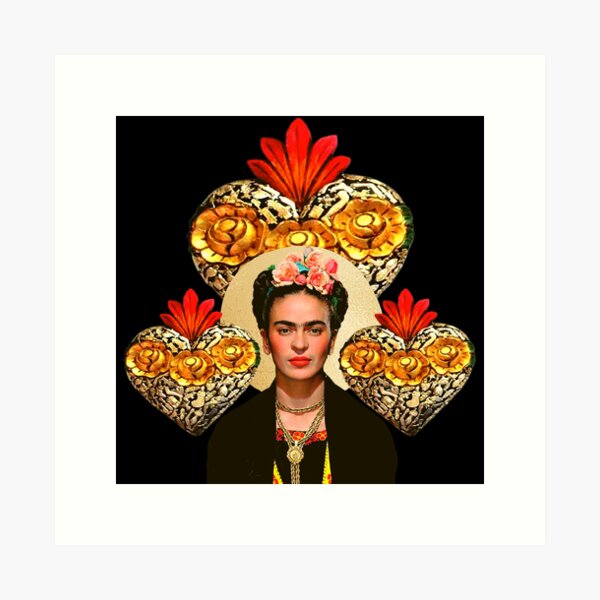 Aperçu de l'œuvre Frida Kahlo portrait couleur, fleurs et coeur sacré, fond noir créée et vendue par Adriana C (All about Frida).