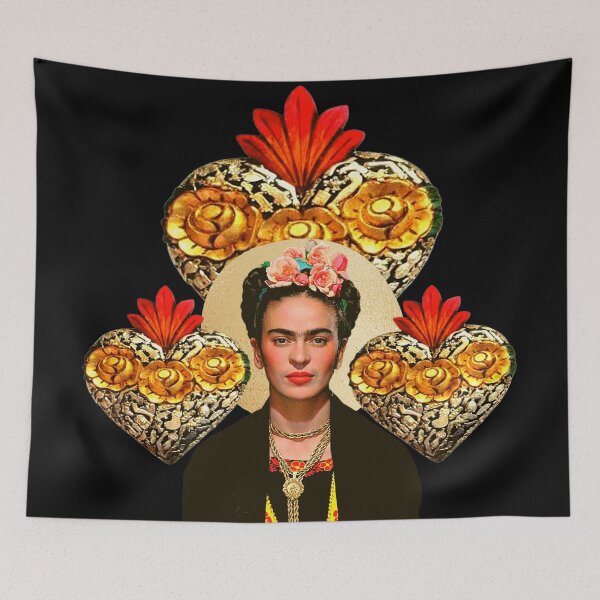 Artikelvorschau, Frida Kahlo Porträtfarbe, Blumen und heiliges Herz, schwarzer Hintergrund entworfen und verkauft von Adriana C (All about Frida).