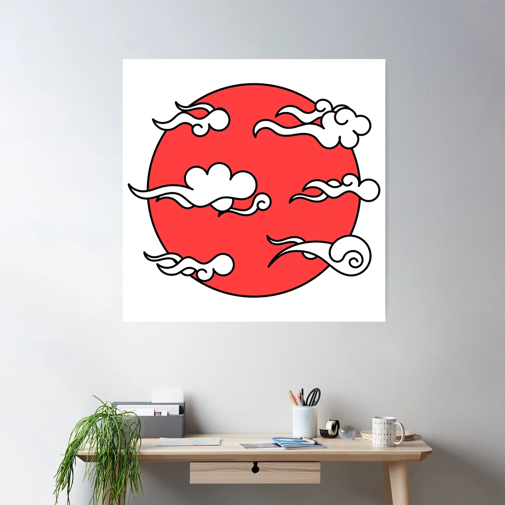 Japanese Wind Clouds Line Art with Red Sun and White Clouds