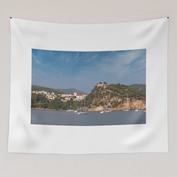 Item preview, old ruined castle on hill and Parga town in summer  designed and sold by goceris.