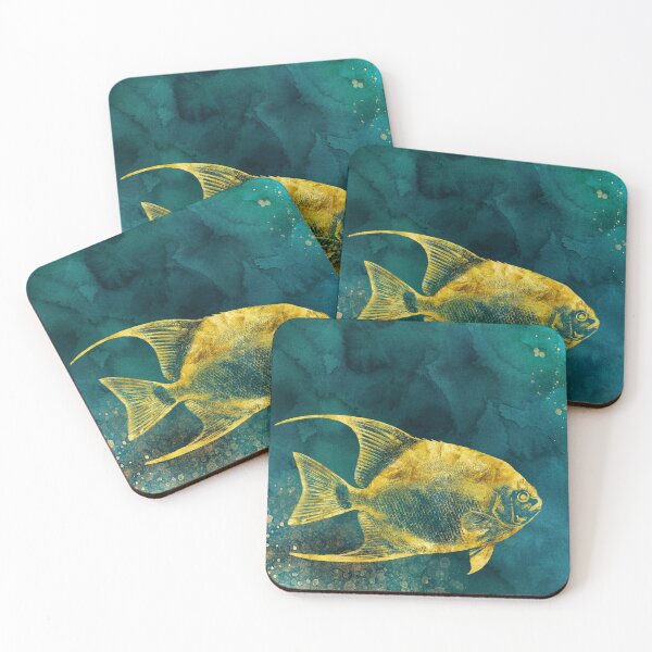 Item preview, Watercolor art print of tropical fish in rich blue ocean colors and metallic gold designed and sold by SilverSpiral.