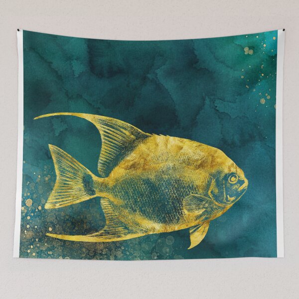 Item preview, Watercolor art print of tropical fish in rich blue ocean colors and metallic gold designed and sold by SilverSpiral.