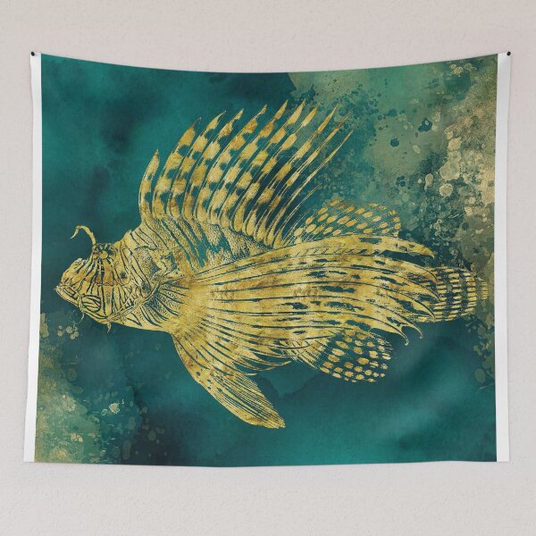 Item preview, Watercolor art printing of tropical fish in rich blue ocean colors and metallic golden  designed and sold by SilverSpiral.