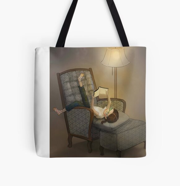 Reading Upside Down on Chair VERSION A (slightly older child) All Over Print Tote Bag