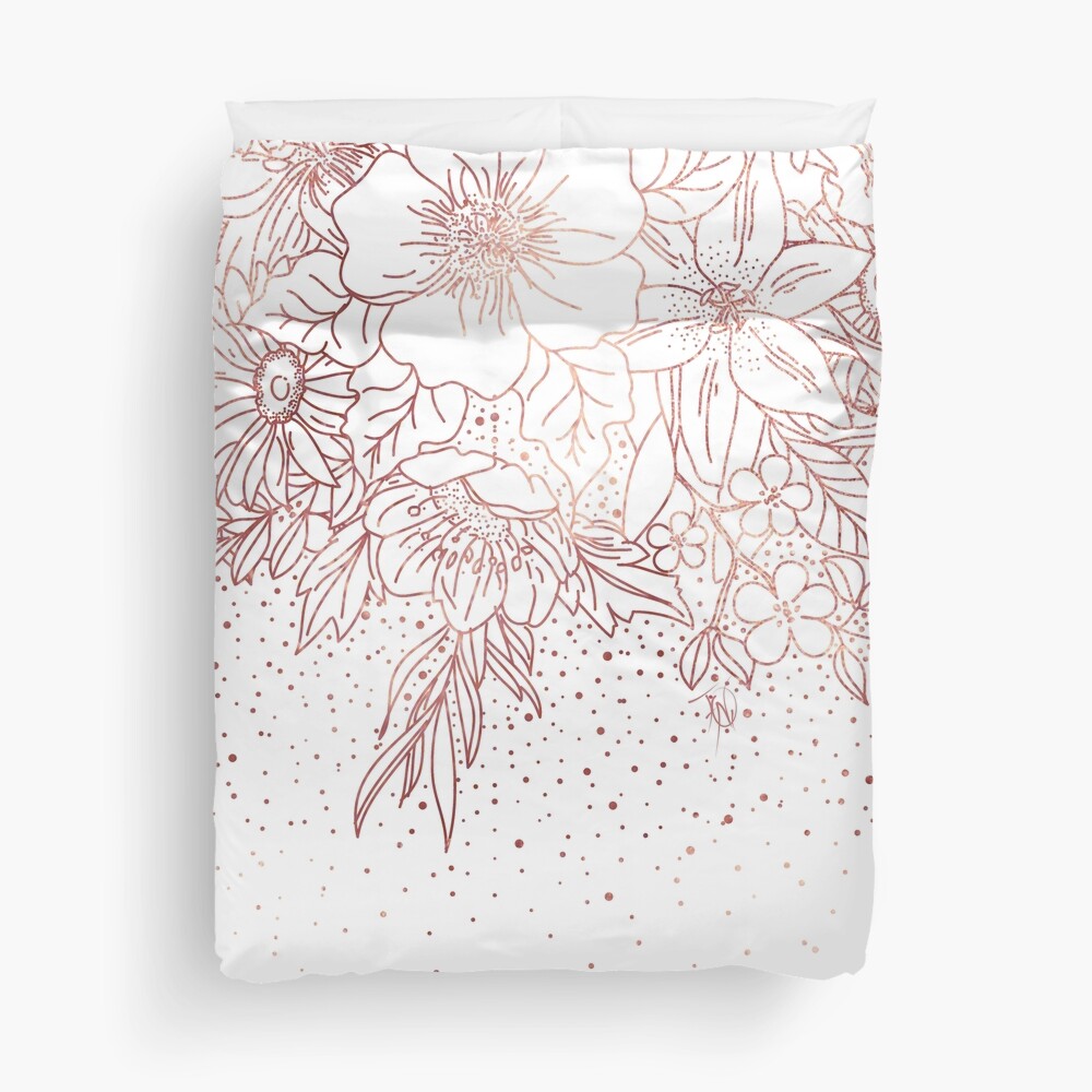 Rose gold hand drawn floral doodles and confetti design Duvet Cover